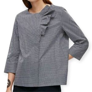 COS Cotton Poplin Ruffle Front Button Blouse Navy White 3/4 Sleeve 34 (XS)